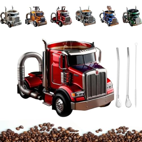 Kaffeetasse Form eines Sattelschleppers,handgefertigte Kaffeetasse,Teetassen mit Löffel,340 ml,Teetassen-Set enthält 2 (zu verwendende Strohhalme), Reinigungsbürste aus Edelstahl,doppelwandig,(Red) von AVMLWEPA