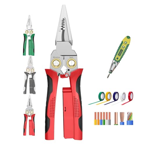 Seese Zange 8 In 1 Abisolierzange Mit Spannungsprüfer Multifunktionales Professionelles Crimpwerkzeug Mit Stiftmultimeter Brechzange Spitzzange Drahtschneiden Ziehen Schaben Pressen(Red) von AVMLWEPA