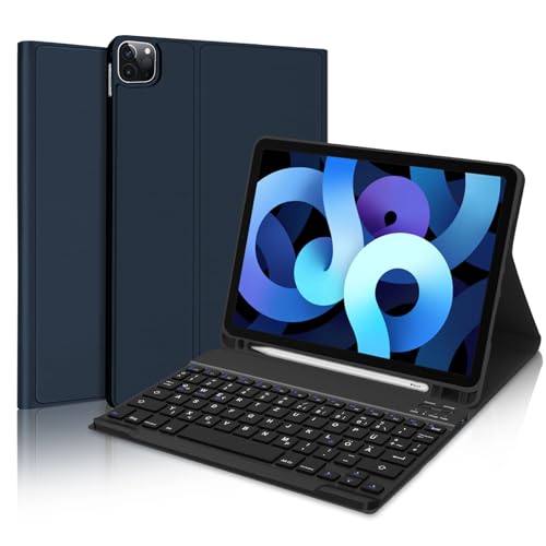 AVNICUD Tastatur Hülle für 10,9 Zoll iPad Air 5 /iPad Air 4 /iPad Pro 11 Zoll(1, 2, 3 und 4 Generation) - TPU-Rückseite Case mit Stifthalter, Abnehmbarer Bluetooth Keyboard QWERTZ Layout, Dunkelblau von AVNICUD