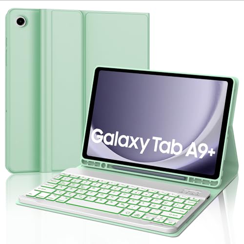 AVNICUD Tastatur Hülle für Samsung Galaxy Tab A9 Plus - 7 Backlights QWERTZ Deutsch Bluetooth Tastatur Magnetisch Schutzhülle mit Stifthalter für Tab A9+ 11'' 2023 (SM-X210/X216/X218), Grasgrün von AVNICUD