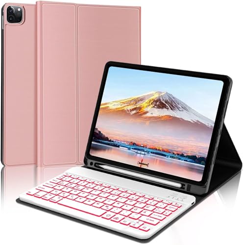 AVNICUD iPad Air 5 Hülle mit Tastatur - Beleuchtung Bluetooth Magnetisch Tablette Keyboard Deutsch QWERTZ, TPU Schutzhülle mit Stifthalter für iPad Pro 11 (4/3/2/1.Gen), iPad Air 5/4 10.9, Roségold von AVNICUD