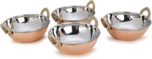 Avs Stores®, indisches Karahi-Kupfer-Serviergeschirr, Schüsseln für Gemüse / Abendessen, mit massivem Messing-Griff, für indische Speisen, Durchmesser 13 cm, 4er-Set von AVS STORES