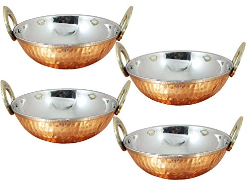 Avs Stores®, indisches Karahi-Kupfer-Serviergeschirr, Schüsseln für Gemüse / Abendessen, mit massivem Messing-Griff, für indische Speisen, Durchmesser 15 cm, 4er-Set von AVS STORES