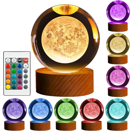 AVZYARDY 3D Kristallkugel Nachtlicht,3D Mond Galaxy Globe Nachtlicht mit Holzsockel,USB Sonnensystem Kristallkugel LED Ball Lampe,Nachttischlampe,16 Farben,Fernbedienung,Valentinstag Geschenke von AVZYARDY