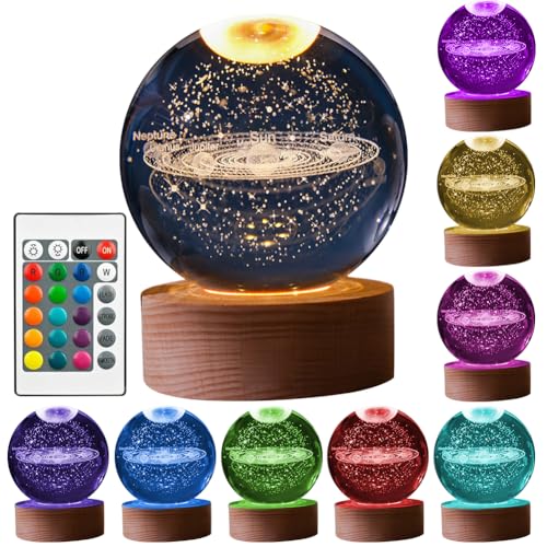 AVZYARDY 3D Kristallkugel Nachtlicht,3D Mond Galaxy Globe Nachtlicht mit Holzsockel,USB Sonnensystem Kristallkugel LED Ball Lampe,Nachttischlampe,16 Farben,Fernbedienung,Valentinstag Geschenke von AVZYARDY