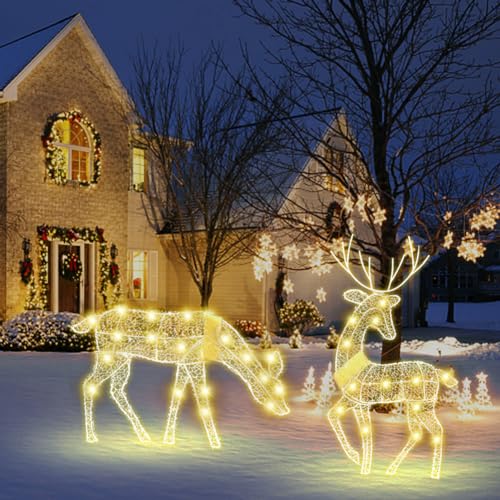 Weihnachtsbeleuchtung Rentier,Beleuchtetes Weihnachts Rentier,3-teiliges LED Rentier Familie,Weihnachtsbeleuchtung Hirsch Deko Weihnachten,Metall Rentierform Weihnachtslicht for Innen Außen von AVZYARDY