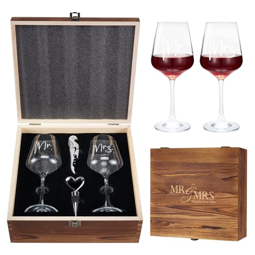 AW BRIDAL Hochzeitsgeschenke, Brautparty-Geschenke, Verlobungsgeschenk für Paare, Frischvermählte, Mr & Mrs, Hochzeitsweingläser, 2er-Set – Weinöffner, Weinverschluss mit hölzerner Andenkenbox von AW BRIDAL