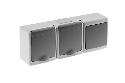 Schalter u. 2-fach Steckdose mit Klappdeckel Aufputz IP44 grau Feuchtraum von AW-Tools