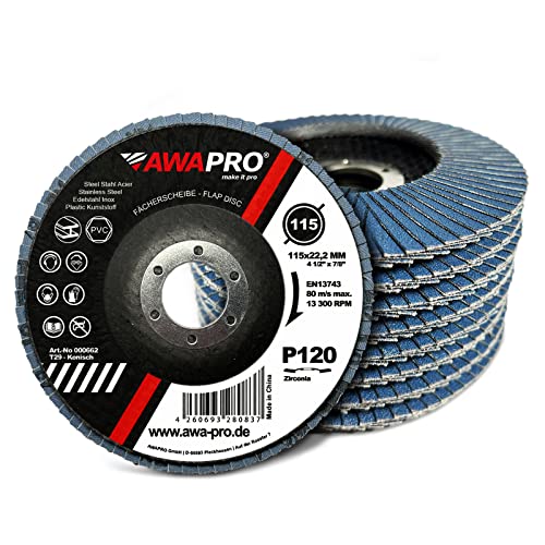 AWAPRO Fächerscheibe | Ø 115mm | Korn 60 | 50 Stück - Blau Zirkon für Metall, Stahl, Edelstahl - Schleifscheiben Lamellenscheiben Fächerschleifer von AWAPRO