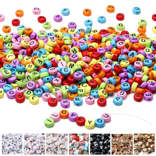 AWARDSEN 1500 Stück Buchstabenperlen für Armbänder Farbige, 7 mm Acryl Perlen, Weiß Buchstaben Für DIY Geeignet Halsketten Armbänder handwerk von AWARDSEN