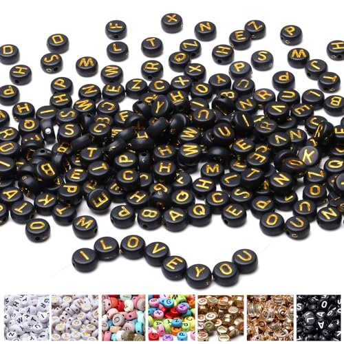 AWARDSEN 1500 Stück Buchstabenperlen für Armbänder Schwarzer, 7 mm Acryl Perlen, Gold Buchstaben Für DIY Geeignet Halsketten Armbänder handwerk von AWARDSEN