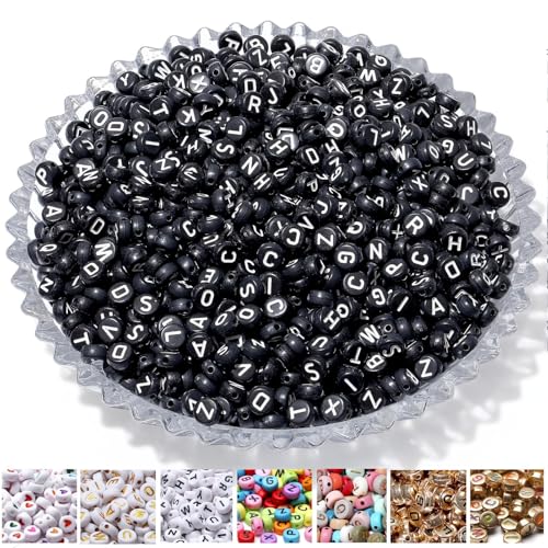 AWARDSEN 1500 Stück Buchstabenperlen für Armbänder Schwarzer, 7 mm Acryl Perlen, Weiß Buchstaben Für DIY Geeignet Halsketten Armbänder handwerk von AWARDSEN