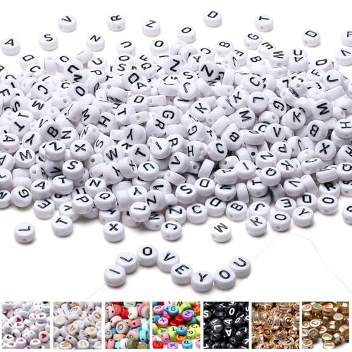 AWARDSEN 1500 Stück Buchstabenperlen für Armbänder, 7 mm Acryl Perlen, Weiß und Schwarz, Zwischenperlen für DIY Halsketten und Handwerk von AWARDSEN