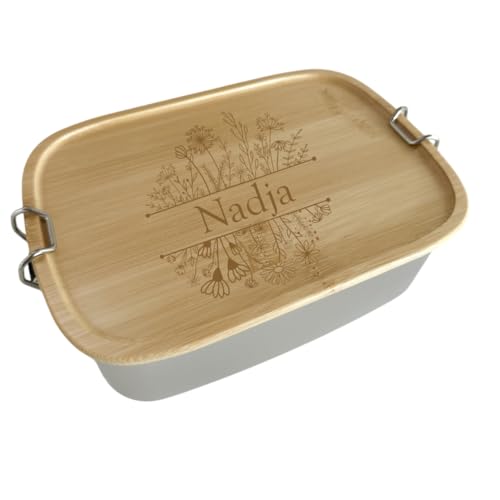 AWASG Brotzeitdose Edelstahl - Personalisiert mit Namen - Brotdose mit Blumen Gravur - Lunchbox mit Holzdeckel - Schnallenverschluss 1 Liter von AWASG