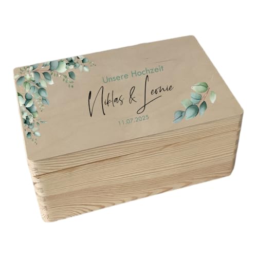 AWASG Erinnerungskiste Hochzeit aus Holz - Personalisiert mit Name - Aufbewahrungsbox Hochzeitsgeschenk Geschenkbox L (40x30x13,5 cm) Eukalyptus von AWASG