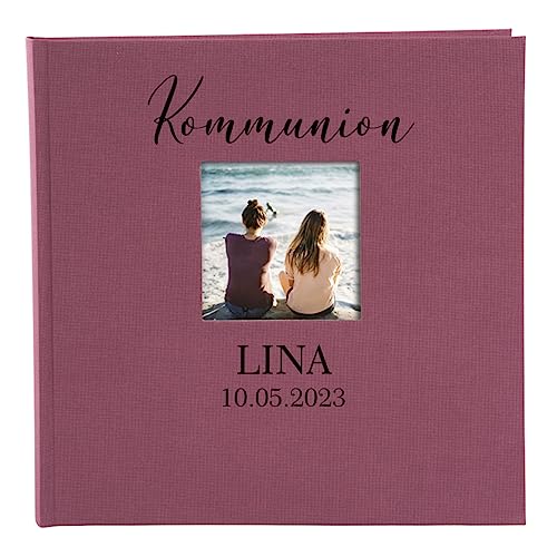 AWASG Fotobuch zum selbstgestalten einkleben mit Name | Fotoalbum 25x25 cm personalisiert mit Wunschtext | Album aus Leinen 60 Seiten weiß | Kommunion Hochzeit Taufe & Co. (beere) von AWASG