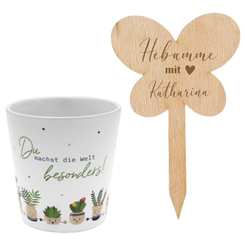 AWASG Geschenk Set Blumenübertopf mit Blumenstecker - Personalisierter Pflanzenstecker Holz mit Gravur - Blumentopf für Hebamme als Dankeschön von AWASG