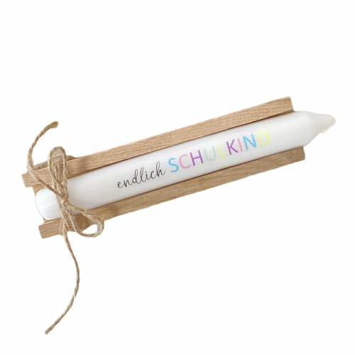 AWASG Kerze mit Spruch Endlich Schulkind - Deko Accessoire 1. Schultag - Geschenk Einschulung Schuleinführung Schultüte - Stabkerze mit Kerzentattoo von AWASG