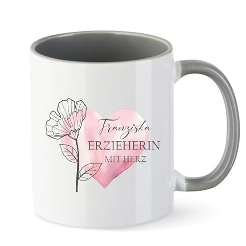 AWASG Tasse Erzieherin mit Herz Dankeschön – Personalisiert mit Namen – Kaffeetasse mit Blume und Spruch – Geschenk Abschied Kita Kindergarten - Keramik 330ml (grau) von AWASG