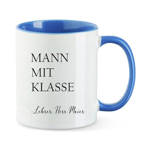 AWASG Tasse Lehrer Mann mit Klasse – Personalisiert mit Namen – Kaffeetasse Geschenk Abschied Schule Schulabschluss Arbeitskollege - Keramik 330ml (royalblau) von AWASG