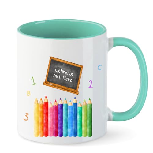 AWASG Tasse Lehrerin mit Herz Dankeschön – Personalisiert mit Namen – Kaffeetasse mit Blume und Spruch – Geschenk Abschied Schule Schulabschluss (mint) von AWASG