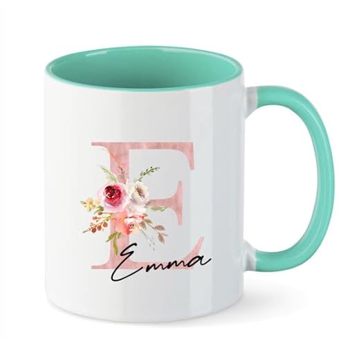AWASG Tasse mit Floralem Blumen Buchstabe rosa – Personalisiert mit Namen – Kaffeetasse Dankeschön Geschenk - Keramik 330ml (mint) von AWASG