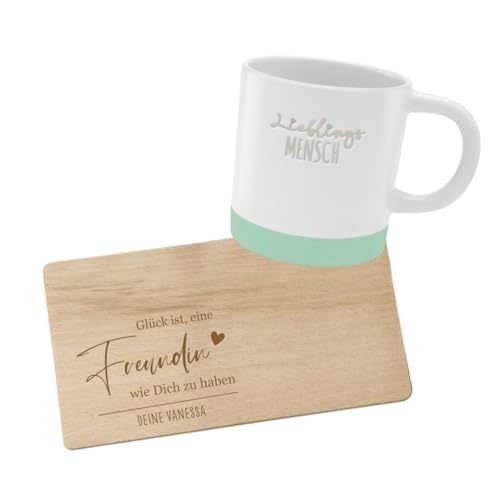 AWASG Tasse mit Frühstücksbrettchen Geschenk Beste Freundin - Personalisiert mit Namen - Graviertes Holzbrett mit Spruch - Buche 22x12 cm inklusive Tasse von AWASG