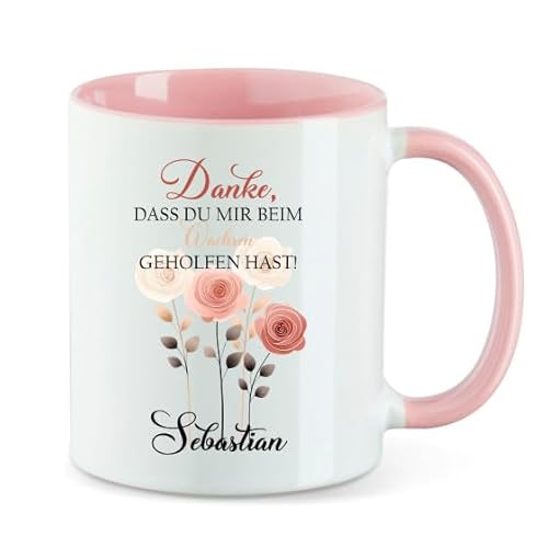 AWASG Tasse mit Spruch Danke – Personalisiert mit Namen – Kaffeetasse Dankeschön mit Blumen Herz – Geschenk Abschied Erzieherin Lehrer - Keramik 330ml (rosa) von AWASG