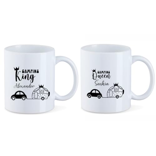 AWASG Tassen Set Camping - Personalisiert mit Name - Personalisierte Kaffeetassen Camping King und Queen - Teetasse 2er Set Keramik mit Spruch und Wohnwagen von AWASG