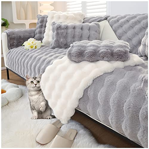 AWAV Thick Rabbit Plush Sofa Cover Sofa Slipcover Corner, 3/2/1/4 Seater Universal Couch Cover Anti-rutsch Sofaüberwurf, Sofahusse Sofa überzug Ecksofa, Sofaschoner für Hunde (Grau,45x45cm) von AWAV