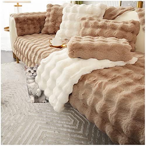 AWAV Thick Rabbit Plush Sofa Cover Sofa Slipcover Corner, 3/2/1/4 Seater Universal Couch Cover Anti-rutsch Sofaüberwurf, Sofahusse Sofa überzug Ecksofa, Sofaschoner für Hunde (Kaffee,110x210cm) von AWAV