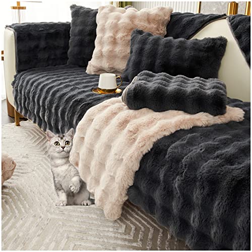 AWAV Thick Rabbit Plush Sofa Cover Sofa Slipcover Corner, 3/2/1/4 Seater Universal Couch Cover Anti-rutsch Sofaüberwurf, Sofahusse Sofa überzug Ecksofa, Sofaschoner für Hunde (Schwarz,90x160cm) von AWAV