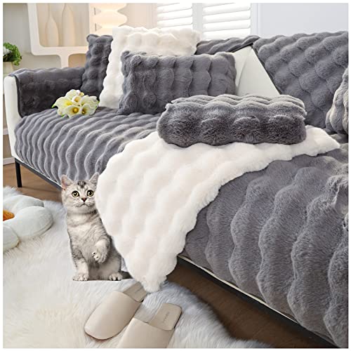 AWAV Thick Rabbit Plush Sofa Cover Sofa Slipcover Corner, 3/2/1/4 Seater Universal Couch Cover Anti-rutsch Sofaüberwurf, Sofahusse Sofa überzug Ecksofa, Sofaschoner für Hunde (Dunkelgrau,110x160cm) von AWAV