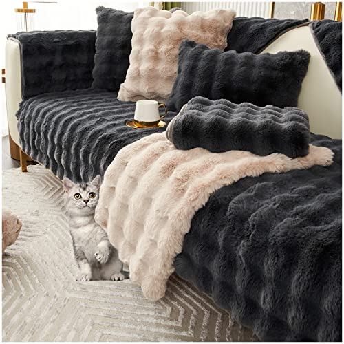 AWAV Thick Rabbit Plush Sofa Cover Sofa Slipcover Corner, 3/2/1/4 Seater Universal Couch Cover Anti-rutsch Sofaüberwurf, Sofaschoner für Hunde (Schwarz,70x150cm) von AWAV