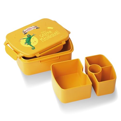 AWAVE Die Schule der Magischen Tiere Brotdose Kinder mit Fächern rPET Gelb Caspar Snackbox 1 L mit Deckel und 4 Fächer Unterteilung, Auslaufsicher, Pausenbox für Schule Kindergarten Picknick Reise von AWAVE