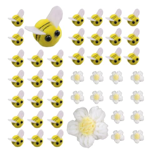 AWAVM 42 Stück Bienenkostüm-Zubehör, 30 Stück Bienen dekorativ mit 12 Stück gelben Häkelblumen, Mini-Bienen-Dekoration, kleine Bienen-Dekorationen für DIY Handwerk Shop Kleidung Dekorationen von AWAVM