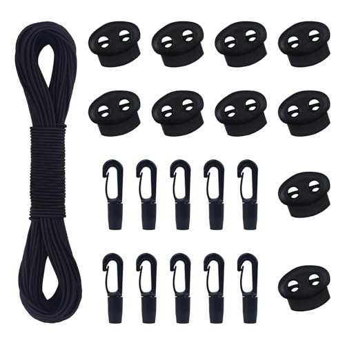 AWBEOT Gummiseil 3mm x 30m, Elastische Gummischnur, Gummikordel Schwarz, Expanderseil mit 10Pcs Kunststoffhaken und 10Pcs Kordelstopper, Spannseil für Camping, Anhängerplane, Schnürsenkel,Wäscheleinen von AWBEOT