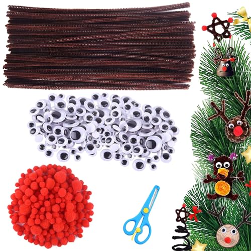 400 Stück Pfeifenputzer Braun Chenilledraht Pfeifenreiniger Braun zum Basteln pfeiffenputzerdraht mit Rote Pompons Wackelaugen Selbstklebend Weihnachten Rentier Bastelset von AWCIGG