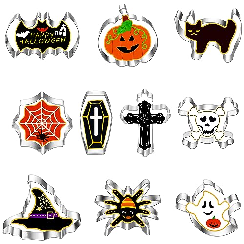 AWCIGG 10 Stück Halloween Ausstecher Ausstechformen Set Edelstahl Katze Sarg Totenkopf Spinne Fledermaus Kreuz Hexenhüte Geister Kürbis Plätzchenform Keksausstecher für Kinder Halloween Party Backen von AWCIGG