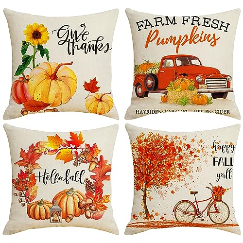 AWCIGG® Kissenbezug Herbst Kissenhülle Kissenbezüge 45 x 45 cm 4er Set Ahornblatt Kürbis Kissenhüllen Herbst Deko Kissen Erntedankfest Herbst Dekoration Innen Garten Sofa Schlafzimmer Herbstdeko von AWCIGG