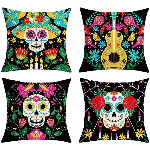 AWCIGG® Kissenbezug Totenkopf Halloween Kissenhülle Kissenbezüge 45 x 45 cm 4er Set Kissenhüllen Halloween Deko Kissen für Halloween Tag der Toten Büro Wohnzimmer Schlafzimmer Sofa Herbstdeko von AWCIGG