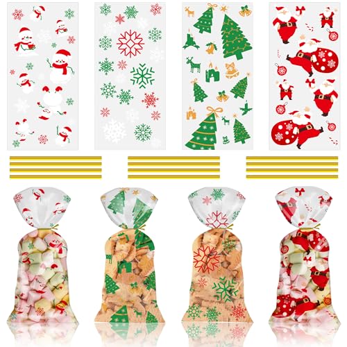 AWCIGG® 120 Stück Cellophantüten Weihnachten Plätzchentüten Kekstüten Transparent Zellophantüten Geschenktüten zum Befüllen Klein Cellophantüten Süßigkeiten Plätzchen Gebrannte Mandeln Tüten von AWCIGG