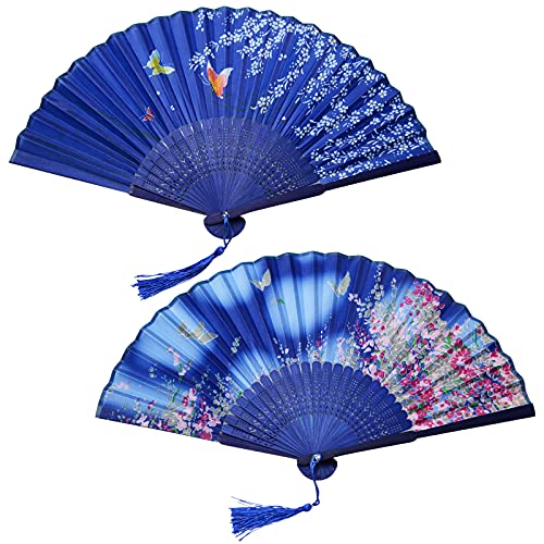 AWCIGG 2 Stück Fächer Handfächer Bunt Fächer Holz Stoff Geschnitzten Bambus Faltfächer Hand Fan Asiatische Chinesische Japanische Deko für Damen Hochzeit Sommer Kinder Mädchen Männer Geschenk von AWCIGG