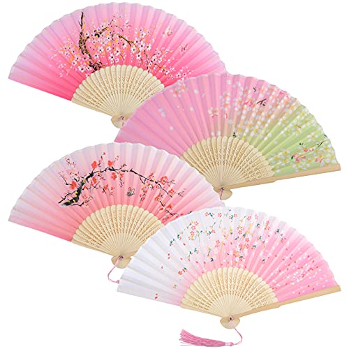 AWCIGG Fächer Handfächer Holz Stoff Faltfächer Chinesische Japanische Stil Mit Quaste Asiatische Deko Handfächer für Damen Hochzeit Sommer Kinder Mädchen Männer 4 Stück von AWCIGG