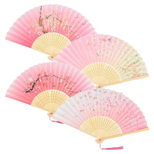 AWCIGG Fächer Handfächer Holz Stoff Faltfächer Chinesische Japanische Stil Mit Quaste Asiatische Deko Handfächer für Damen Hochzeit Sommer Kinder Mädchen Männer 4 Stück von AWCIGG