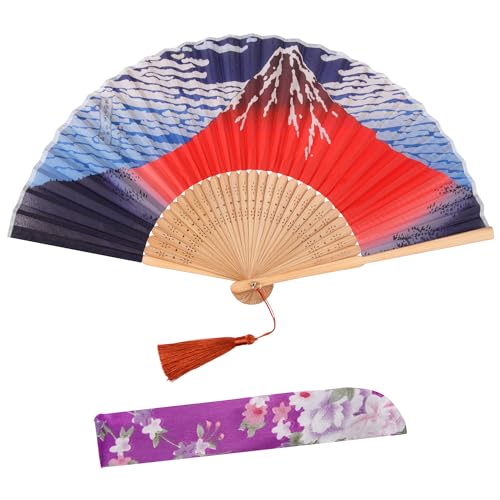 AWCIGG Japanische Fächer Fuji Rot Handfächer Klein in Handtasche Holz Stoff Stabi Fecher Mit Quaste und Beutel Fächer für Damen Hochzeit Sommer Kinder Mädchen Männer von AWCIGG