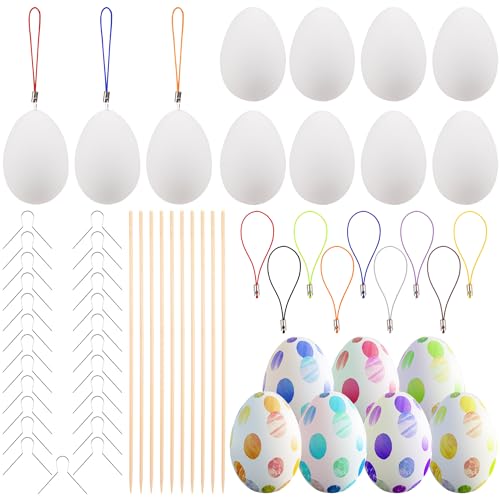 AWCIGG Ostereier Bemalen 25 Stück Plastik Ostereier zum Aufhängen Weiß Kunststoff Eier zum Bemalen Kinder Easter Egg mit Aufhänger Holzstäbe und Hängeseil von AWCIGG