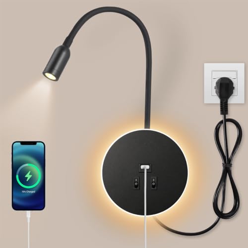 AWEKLIY 3W+8W LED Schwanenhals leselampe wandlampe USB-Aufladung mit schalter wandleselampe Bettlampe Nachtlicht innen Leselicht Schlafzimmer Nachttischlampe 3000K, mit Stecker und Kabel,Schwarz von AWEKLIY