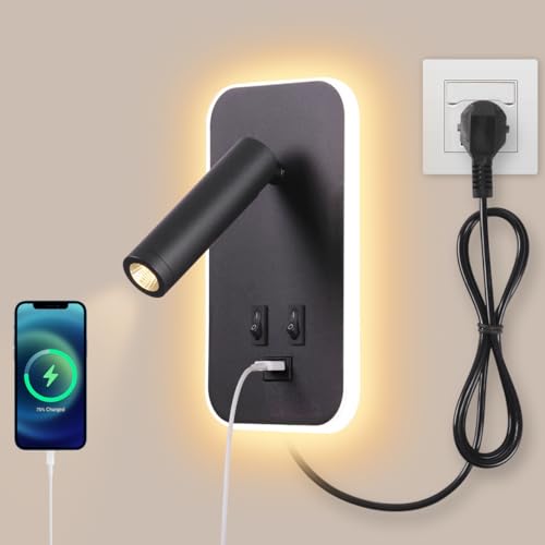 AWEKLIY 3W+9W LED leselampe wandlampe USB-Aufladung mit schalter wandleselampe Bettlampe innen Leselicht Schwenkbar Wandbeleuchtung Schlafzimmer Nachttischlampe 3100K, mit Stecker und Kabel, Schwarz von AWEKLIY