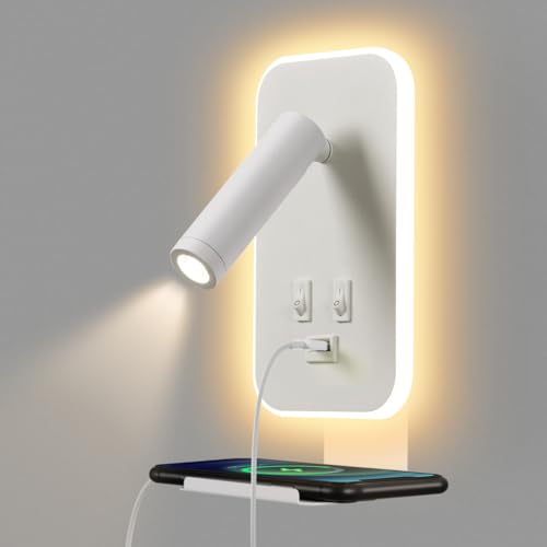 AWEKLIY LED-Innenwandleuchte, Nachttisch-Leselampe mit USB-Aufladung und Handy-Ablage, verstellbares Spotlicht mit Schalter, Schlafzimmer-Hotel-Ambientelicht (3W 3100K + 9W 6000K), Weiß von AWEKLIY